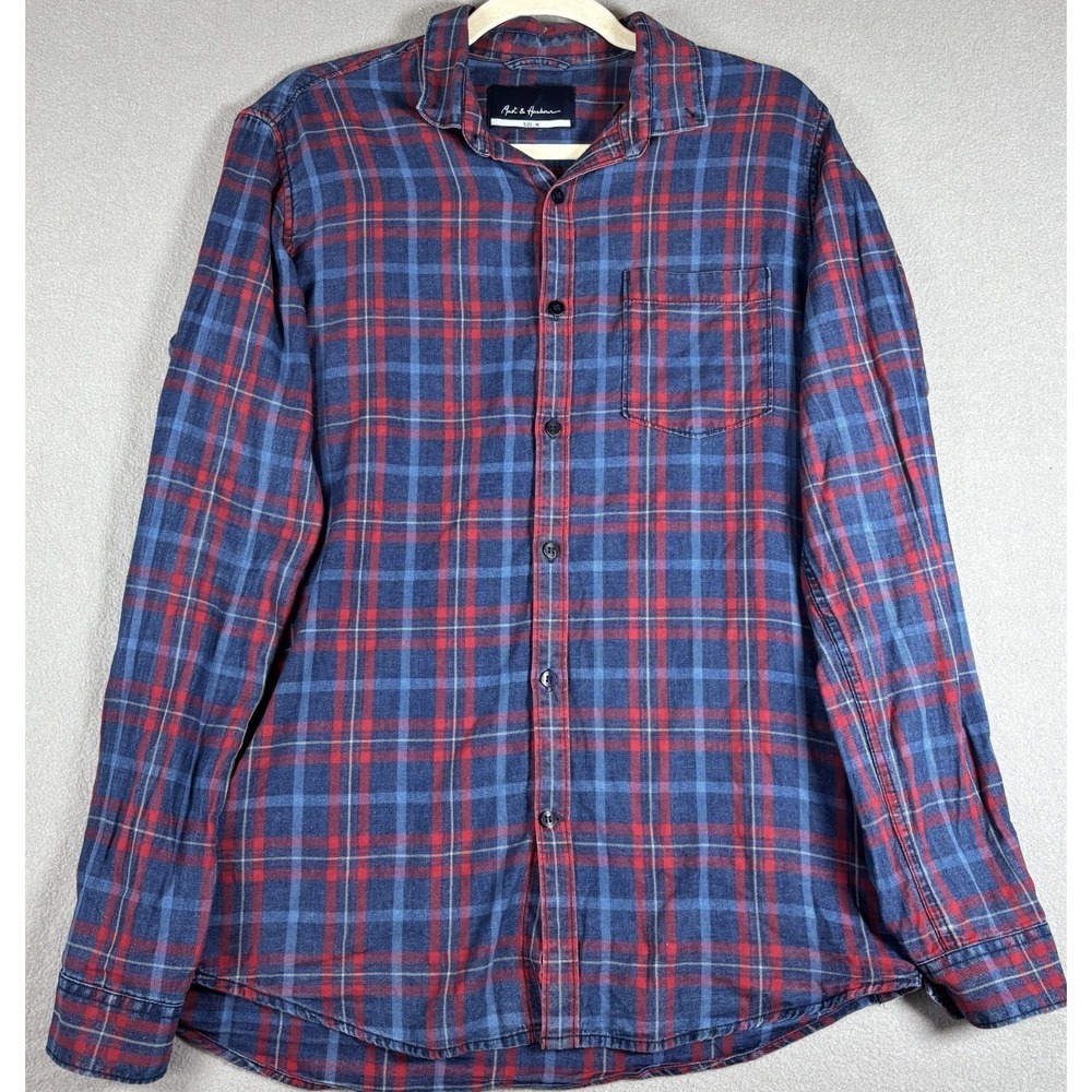 Mast & Harbour Mens Button Up Shirt Navy Blue & Red Long Sleeve Plaid Flannel M
